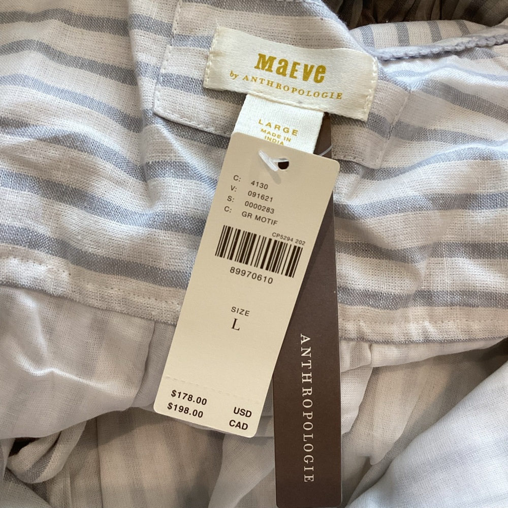 Anthropologie Maeve Tiered Linen Asymmetrical Wrap Dress NEW Large Grey Stripe - Picture 14 of 15